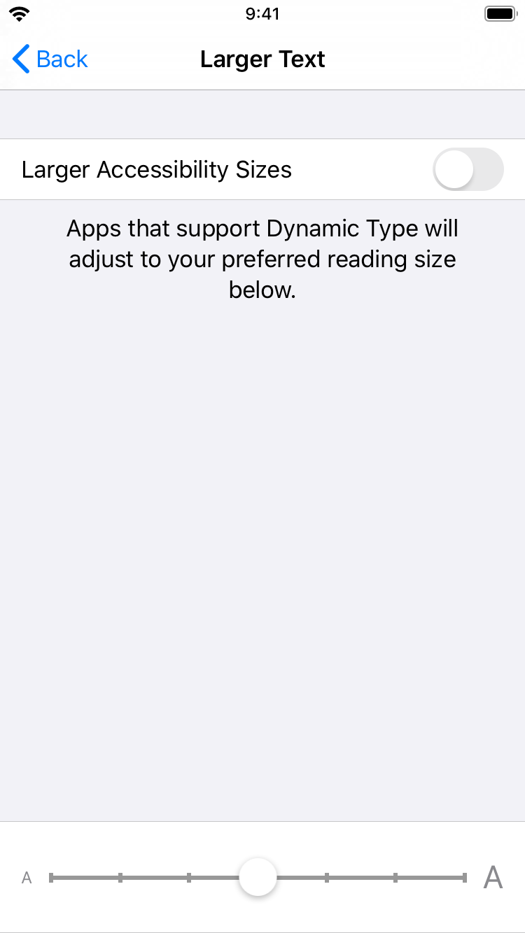 The iOS system settings screen that allows users to specify their desired text size.