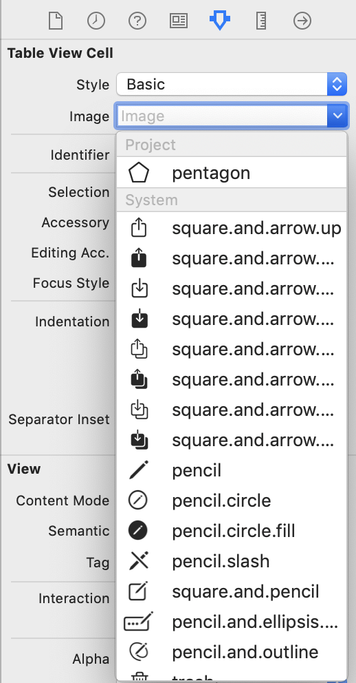 The Pentagon symbol being shown in the Interface Builder Image menu.