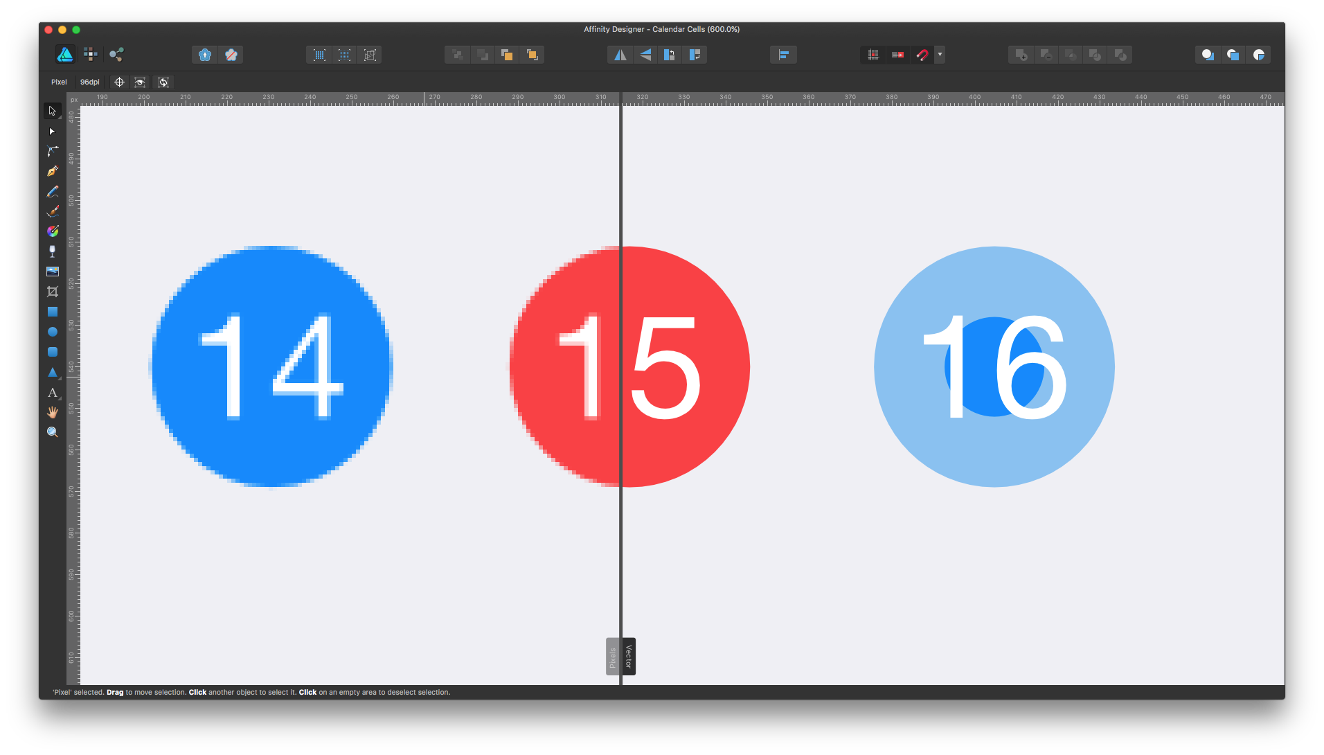 Affinity Designer showing pixel and vector modes side by side.