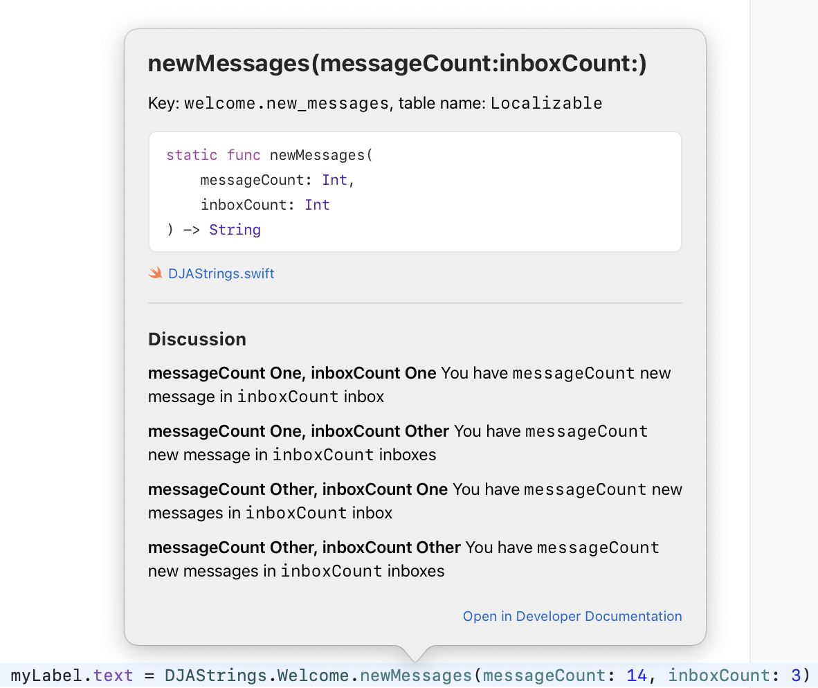 Inline documentation for a localisation containing multiple pluralised substitutions.