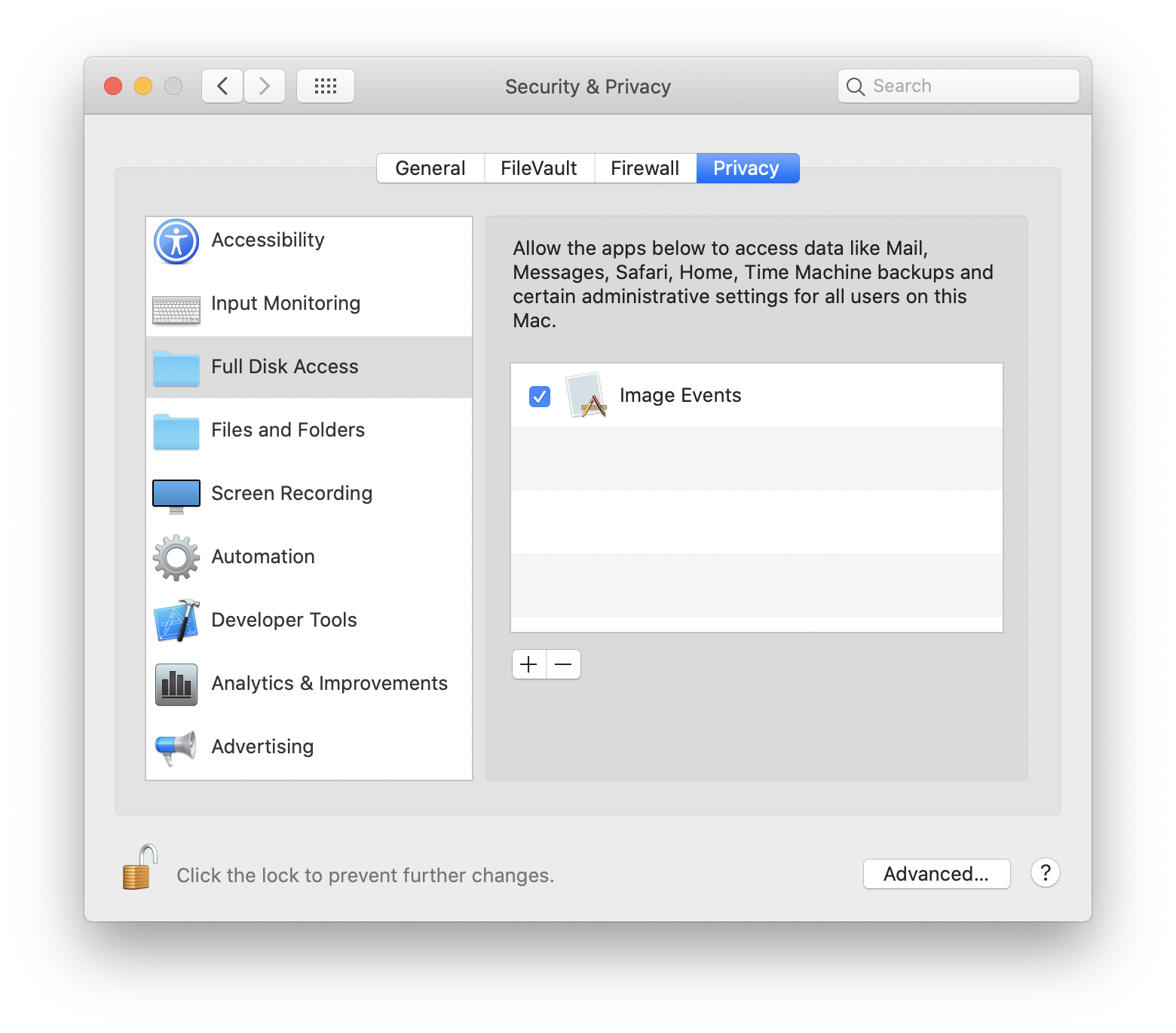 The Security and Privacy System Preferences pane showing Image Events with the Full Disk Access permission.