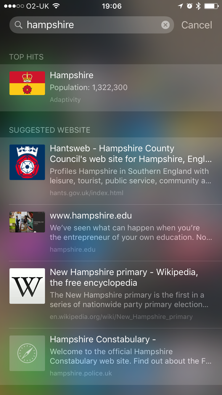 The iOS Search UI displaying our app's content