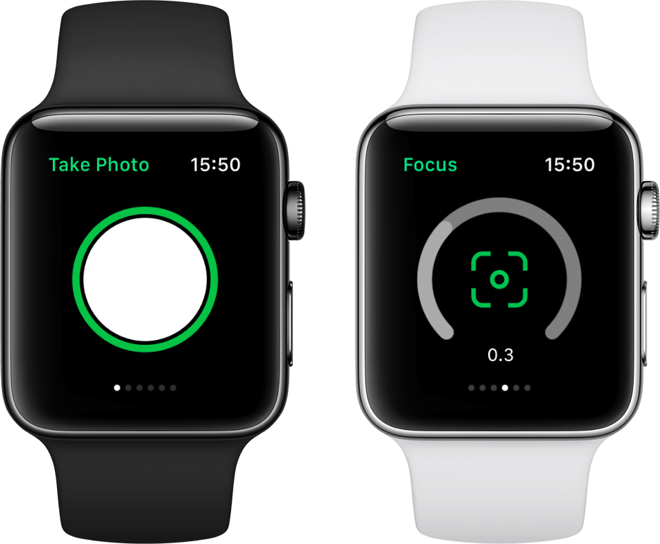 Iris on Apple Watch, showing controls for taking photos and adjusting Focus.