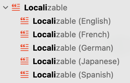 The localised strings files in the Xcode project navigator.