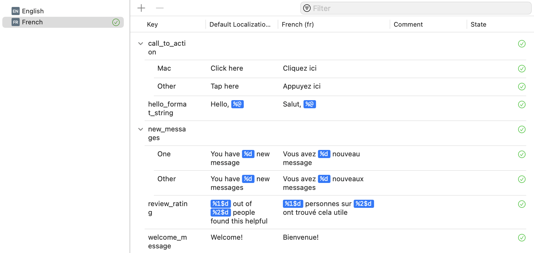 Our localised strings file, with the French translations provided.