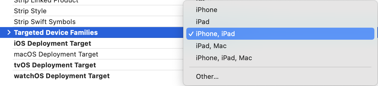 The targeted device families setting, containing only iPhone and iPad.