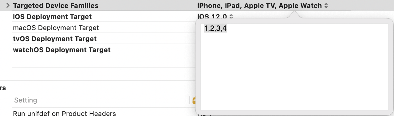 The targeted device families setting, updated to contain Apple Watch and Apple TV.