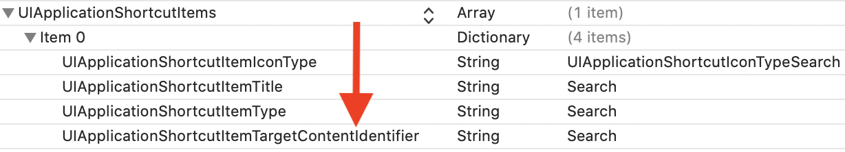 An Info.plist-defined application shortcut with the target content identifier set.