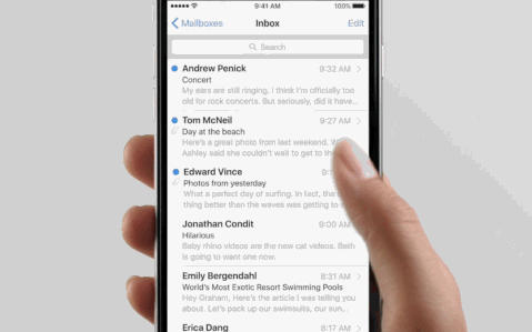 A user peeking and popping in to an email message in the Mail app.
