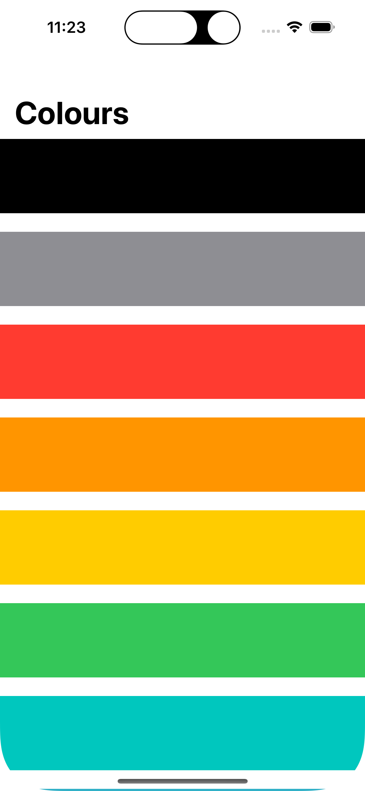 A scrollable list of colours.