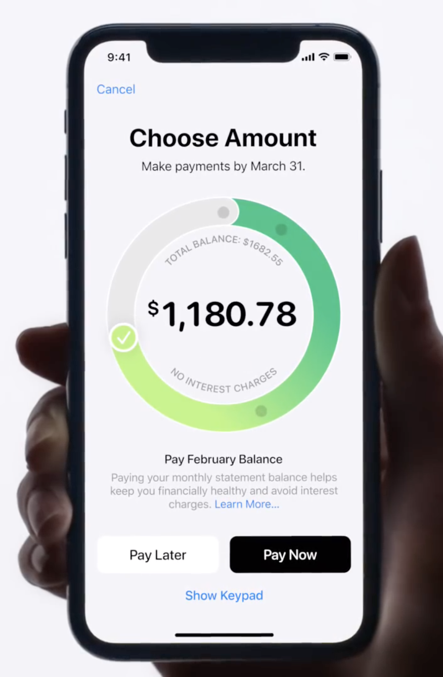 The Apple Card payment interface, making use of a rounded typeface alongside the system default San Francisco font.